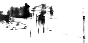 A black ink illustration of Chauffeurs Cottage gate, by Jeffrey Choy.