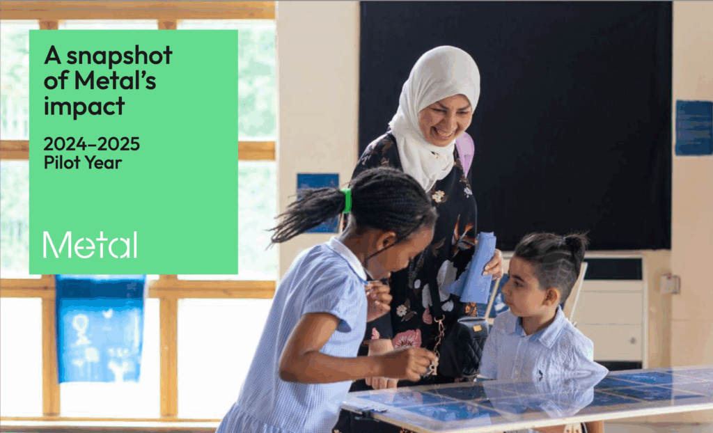 The cover of a report entitled A Snapshot of Metal's Impact 2025-2025 - Pilot year.It features a women smiling as she watches two children engaged in an activity with colourful pictures