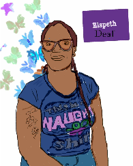 A digital drawing of a person of colour with long hair wearing glasses, they are wearing a blue t-shirt and there are butterflies in the background.