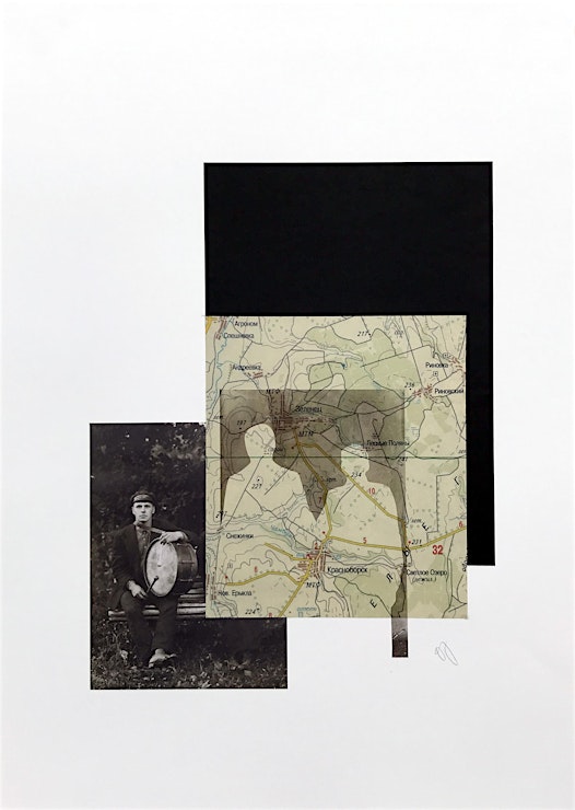 We see collaged prints layered on top of one another and offset. Negative silhouettes of two people lay on top of a beautiful pale yellow map. Beneath the map is a black rectangle. Under both of these layers is a black and white photo of a man sat on a wooden bench, facing the camera in formal dress with a round drum sat on his lap. 